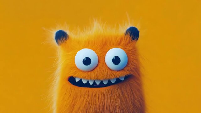 A friendly orange monster character smiles against a vibrant yellow background in a playful animation