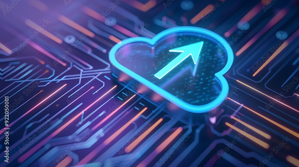 Poster futuristic cloud computing concept with an upward arrow on digital circuitry background, symbolizing