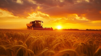 Fototapeta premium A combine harvester working in a golden wheat field during sunset