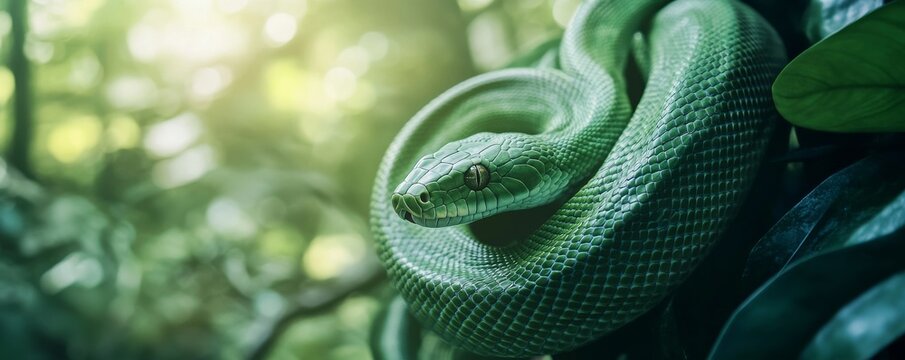 Green tree python resting on a branch in lush greenery