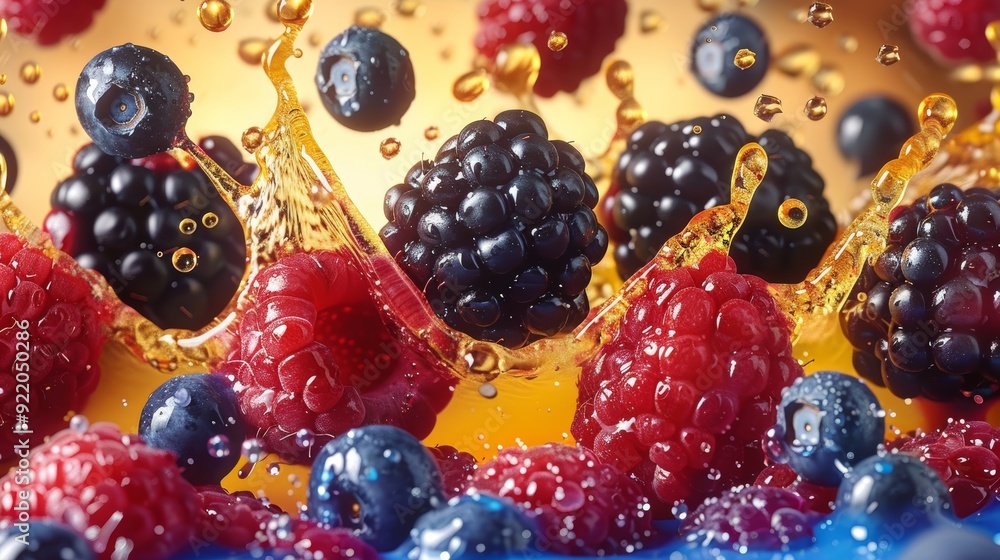 Poster fresh berries splashing in vibrant water with dynamic droplets in a colorful setting