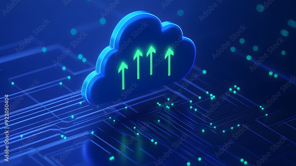 Poster futuristic cloud computing concept with digital elements and arrows symbolizing data transfer. blue 