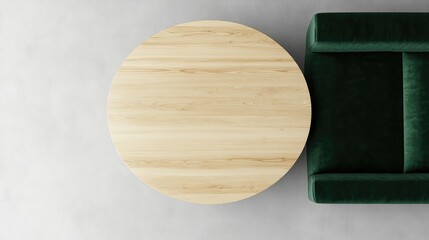 A modern minimalist green sofa with wooden cushions and a coffee table featuring a black vase creates an inviting, contemporary living area