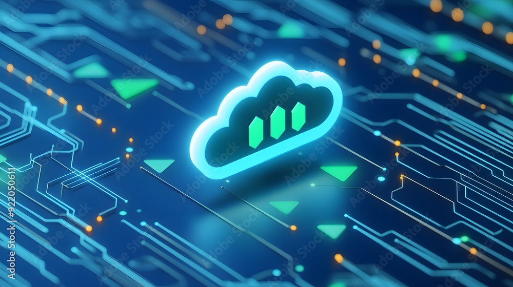 Poster futuristic cloud computing concept with glowing icon on a digital circuit board background, represen