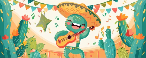 Obraz premium Colorful cactus wearing a sombrero playing a guitar, with Mexican decorations.
