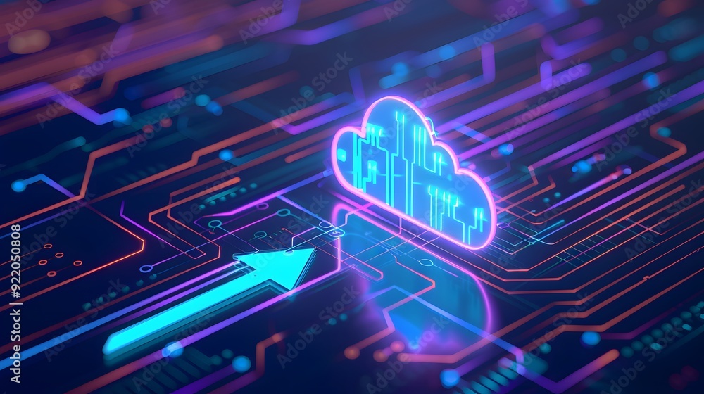 Poster futuristic cloud computing concept with neon blue cloud and arrow on circuit board, representing dat