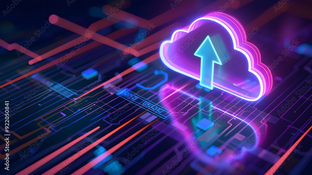 Poster futuristic cloud computing concept with neon lights, digital connections, and data uploading symbol 