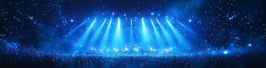 Crowded concert hall with blue stage lights and starry atmosphere, audience in silhouette, vibrant live performance

