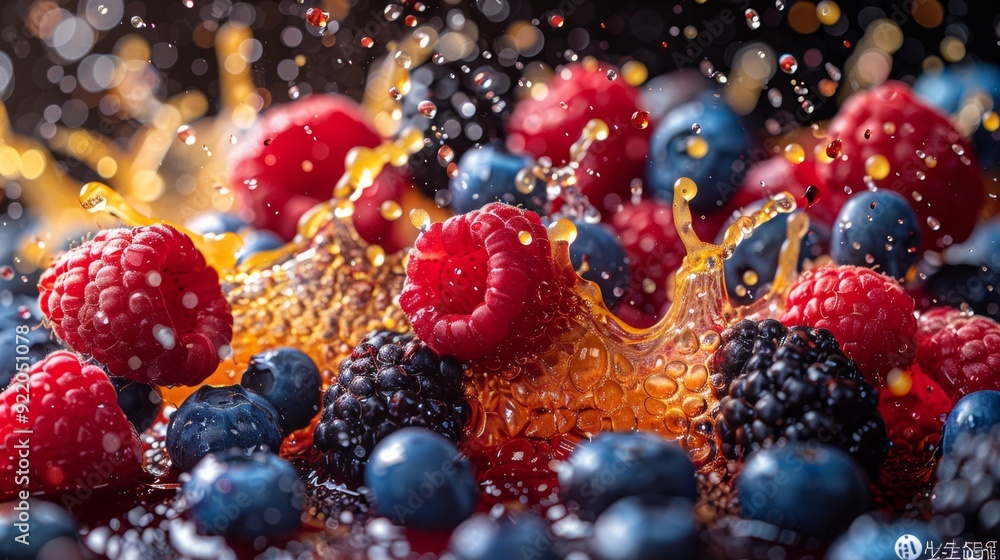 Poster fresh raspberries and blueberries splash in liquid, creating vibrant droplets in a studio setting