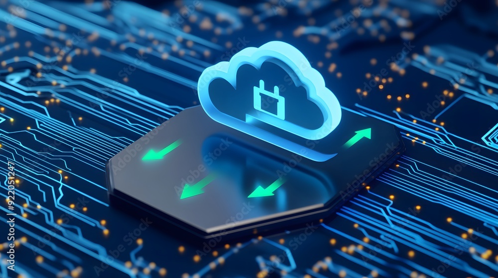 Poster futuristic cloud computing technology concept with glowing cloud icon and arrows on a circuit board.