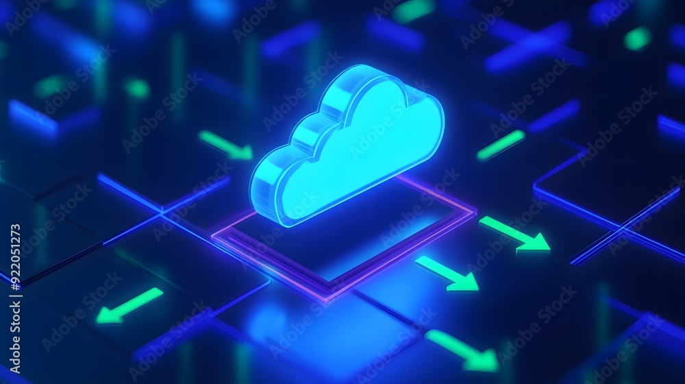 Poster futuristic cloud computing technology concept with glowing cloud icon and neon grid background repre