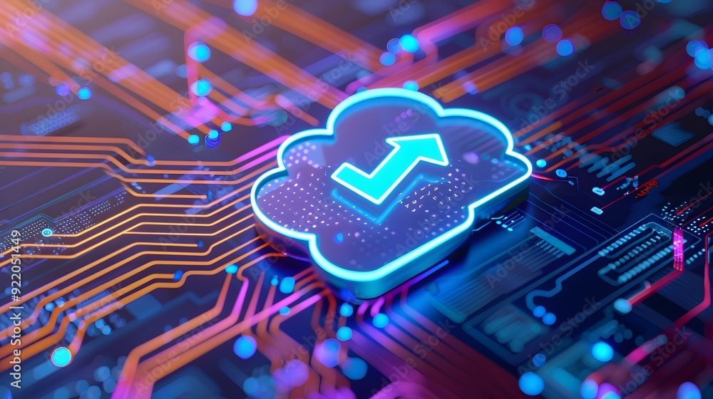 Poster futuristic cloud computing technology, depicting a glowing cloud with an arrow on a vibrant circuit 
