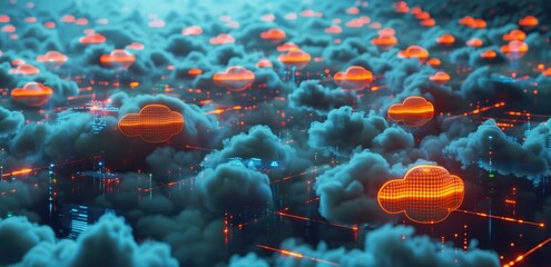 Digital cloud icons floating above a cityscape illuminated with futuristic lights and bright orange hues. Concepts of cloud computing, internet of things, and smart city technology.