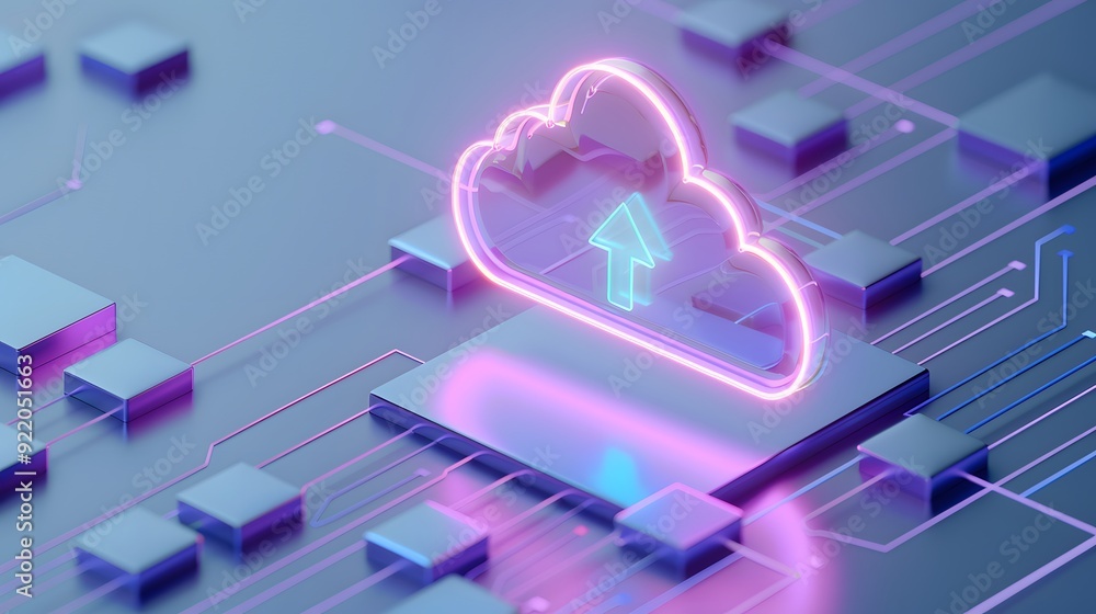Aufkleber futuristic cloud storage technology concept with neon icon and circuit board, representing data tran