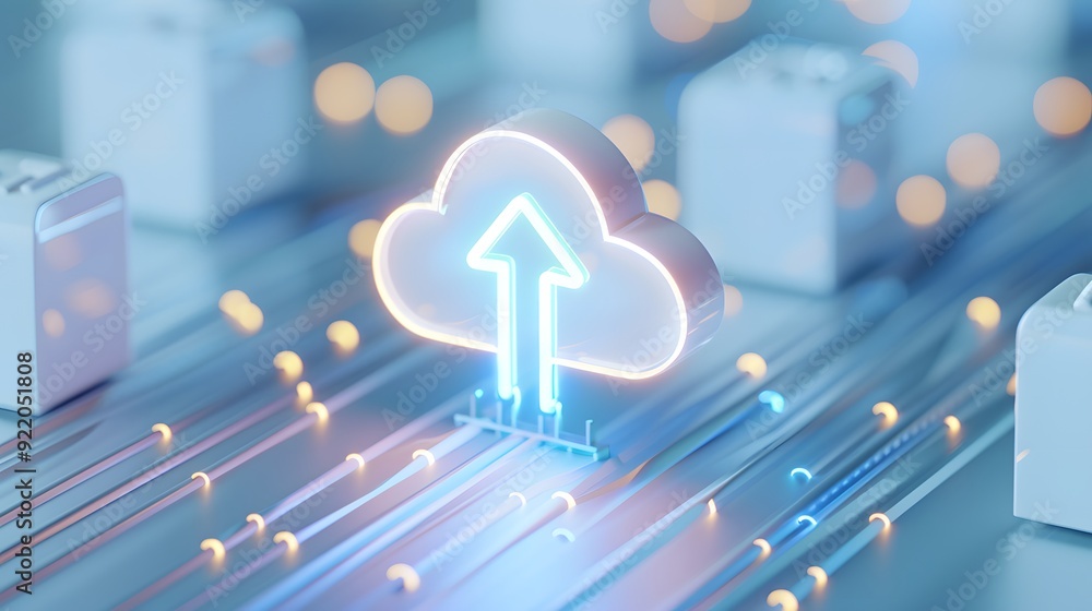 Poster futuristic cloud technology with glowing upload symbol, representing data transfer and digital commu