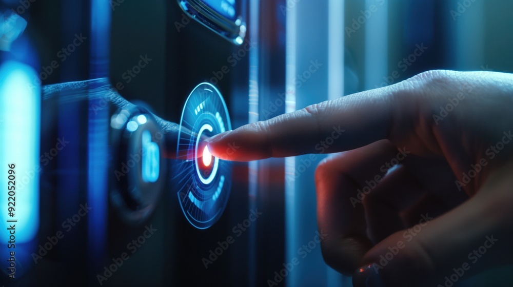 Poster futuristic scene of a hand pressing a glowing digital interface button on a high-tech screen. depict