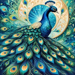 Fototapeta premium Peacock with Exquisite Blue and Green Plumage Set Against a Soft Golden Light