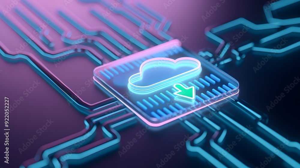 Poster futuristic digital cloud computing concept with neon circuits and download symbol on a microchip, sh