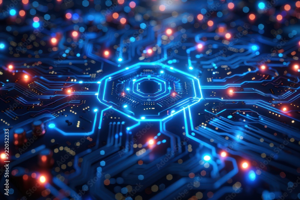 Poster circuit board with glowing lines and red dots