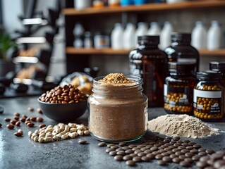 Nutritional supplements and ingredients arranged on a kitchen counter in a fitness-focused environment