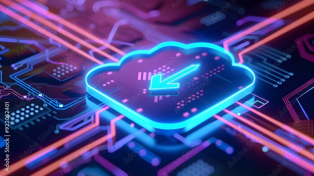 Poster futuristic digital cloud technology concept with glowing circuits, representing data transfer and st
