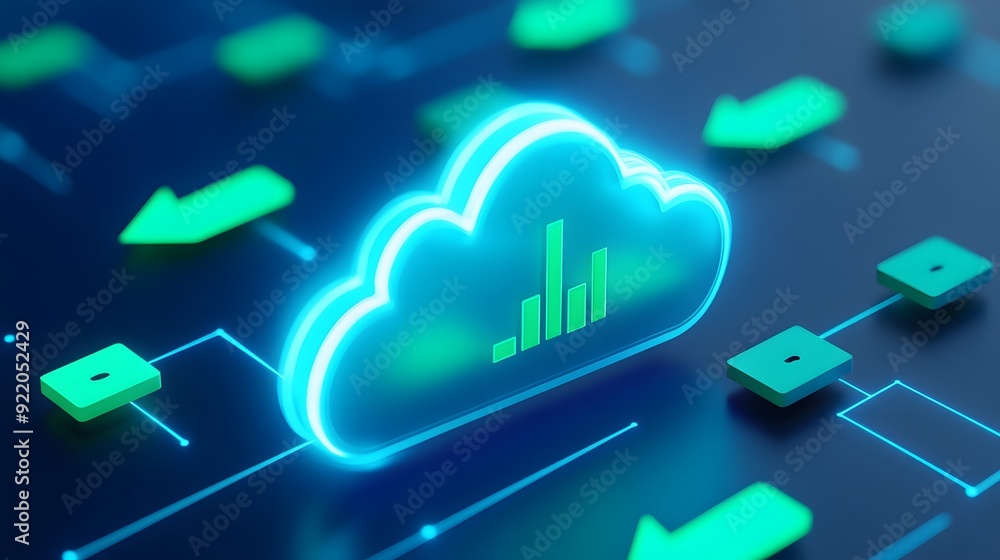 Poster futuristic digital cloud technology network concept with glowing icons and data analytics on a dark 