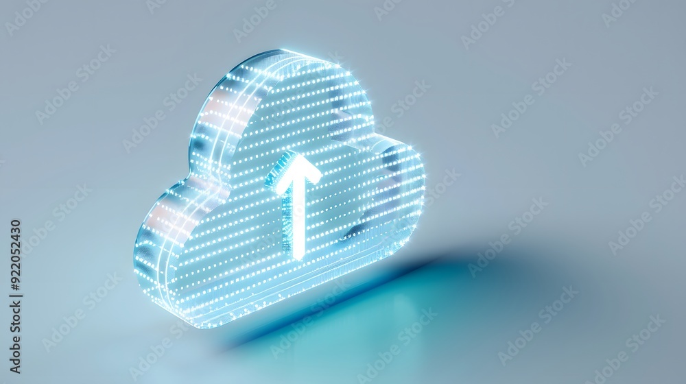 Poster futuristic digital cloud with an upward arrow, symbolizing cloud computing, data storage, and virtua