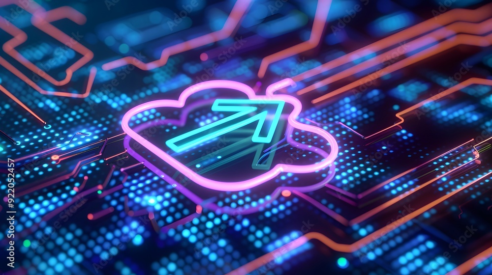 Poster futuristic digital graphic of a glowing neon cloud upload symbol on a circuit board, representing mo