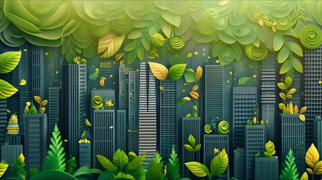 A stylized cityscape with lush green foliage growing over the buildings, symbolizing nature reclaiming urban spaces.
