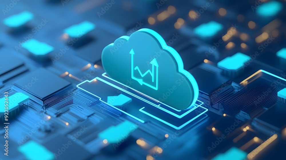 Poster futuristic digital illustration of cloud computing technology, data storage, and analysis with glowi