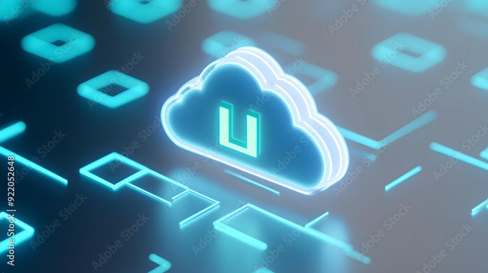 Poster futuristic digital illustration of cloud computing technology with glowing elements and security sym