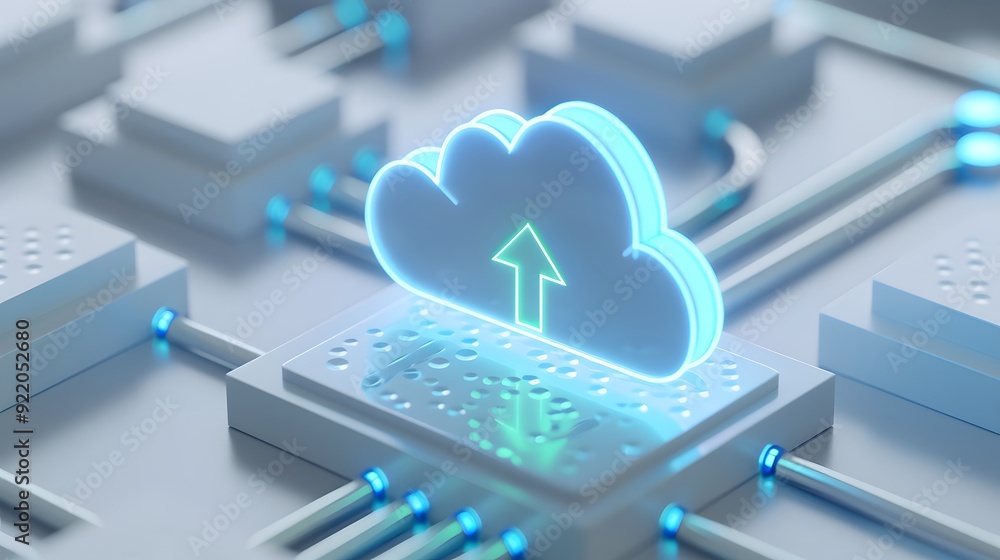 Poster futuristic digital representation of cloud computing technology with glowing icons and network conne