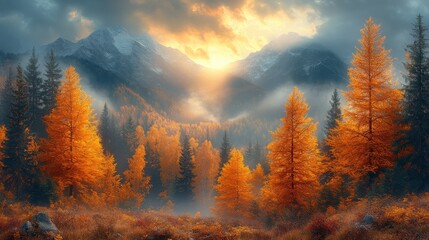 Autumn sun shining through fog on mountain landscape