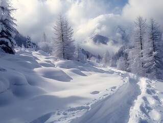 Obraz premium Snow-covered landscape with trees and distant mountains under a cloudy sky in winter