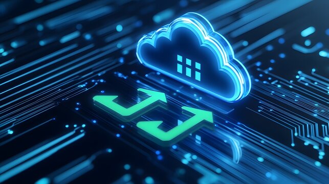 Futuristic digital representation of cloud computing and data transfer, featuring neon cloud and arrows over circuit board.