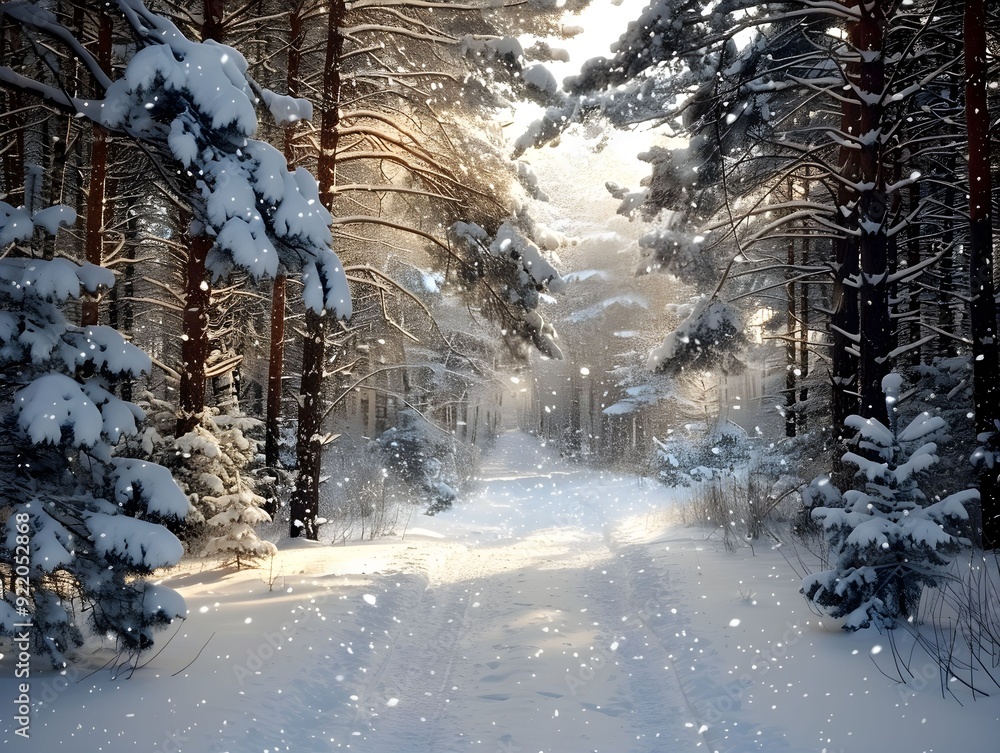 Poster snow-covered forest path with sunlight filtering through trees in winter