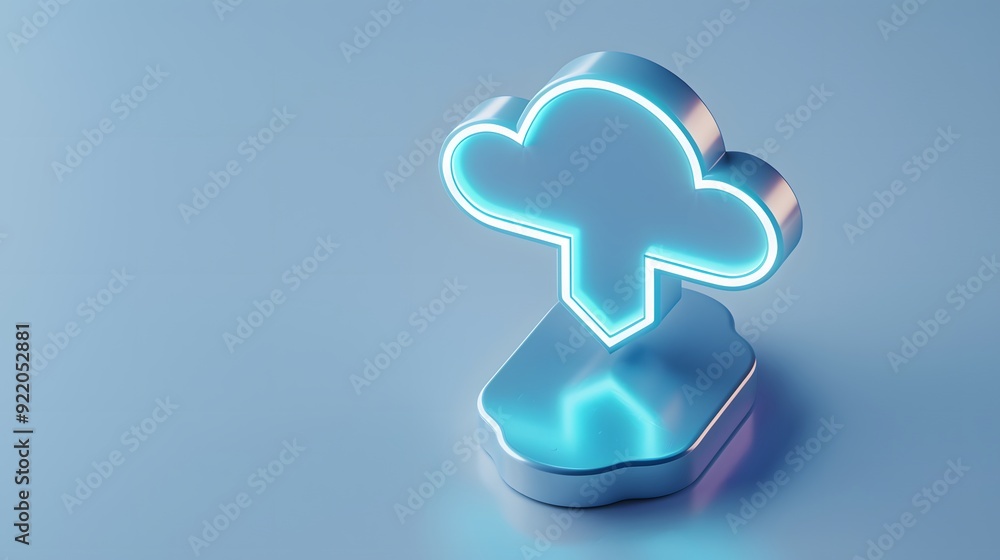 Poster futuristic glowing cloud storage icon for data management concepts. illuminated cloud symbol on blue