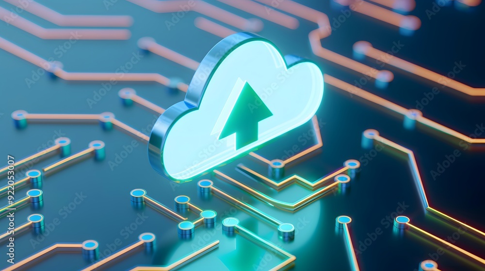 Poster futuristic glowing cloud upload symbol on a circuit board representing data transfer, technology, an