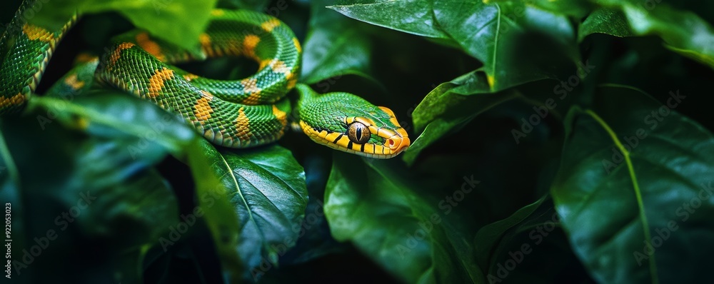 Poster green tree python snake resting on a branch in the jungle