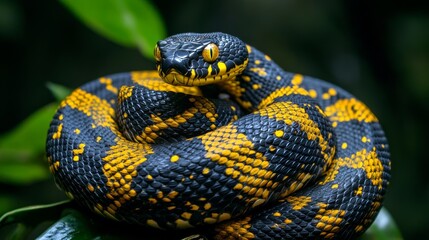 Obraz premium Mangrove snake coiled on a branch, showing striking yellow and black scales