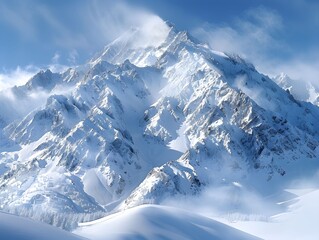 Naklejka premium Snow-covered mountain peaks surrounded by clouds on a clear winter day
