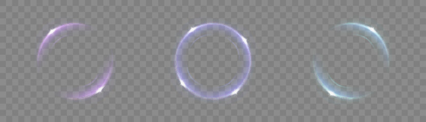 Glowing purple circle on transparent background. Glowing ring with bright backlight. Round purple glow frame with bright shine. Luxury element for advertising. Vector © MAKSYM