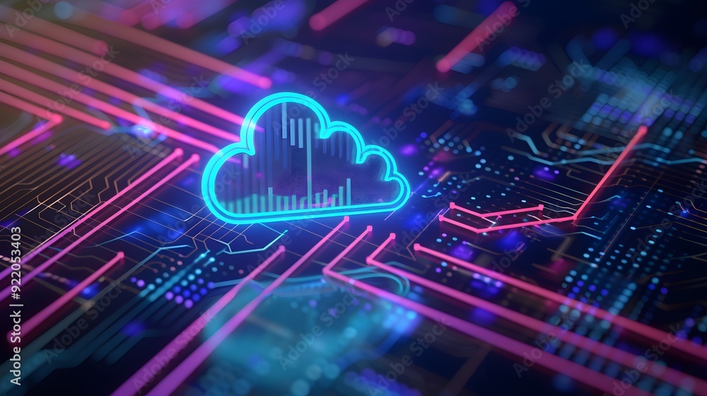Poster futuristic neon cloud computing concept with glowing network connections on a circuit board backgrou