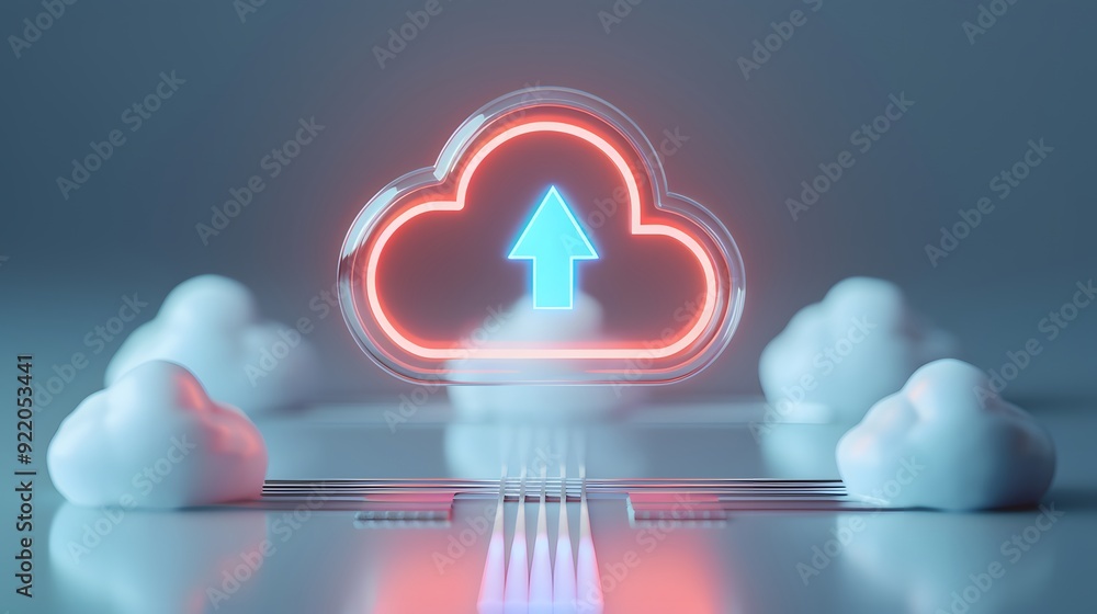 Poster futuristic neon cloud computing concept with glowing up arrow and several smaller clouds. ideal for 