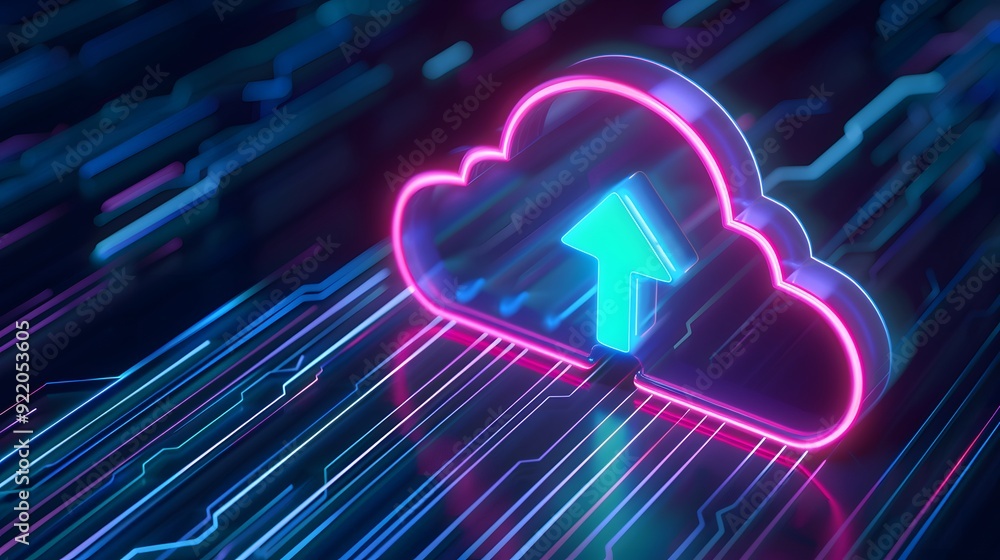Poster futuristic neon cloud icon with an upload arrow on a digital background representing cloud computing