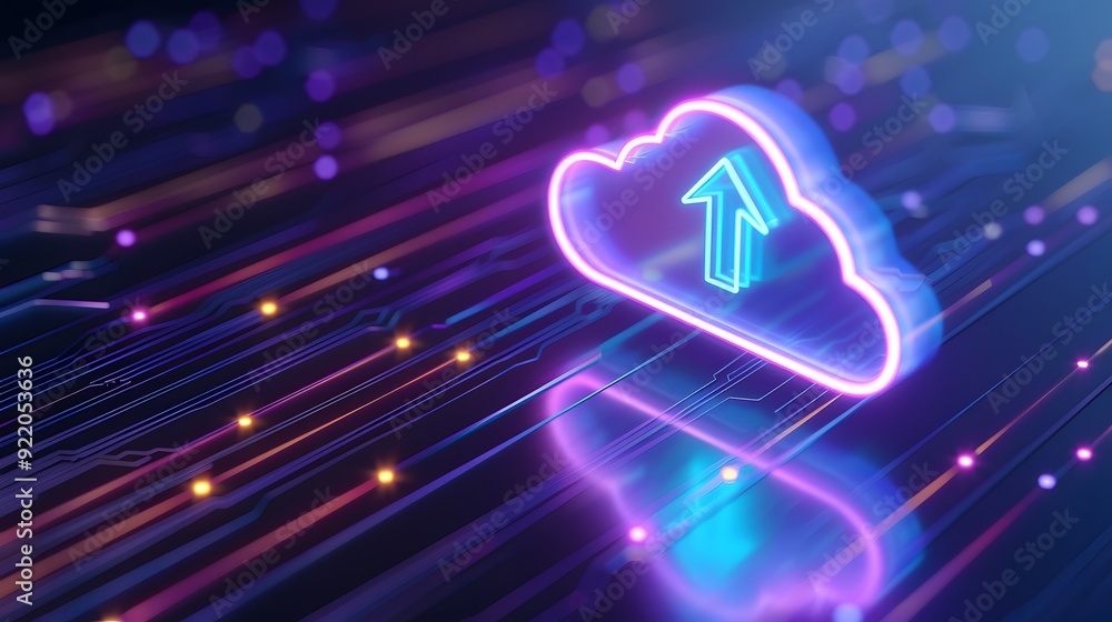 Poster futuristic neon cloud icon with an upload arrow, symbolizing cloud computing and data transfer with 