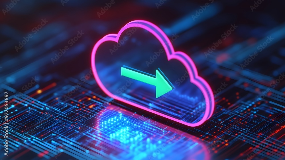Poster futuristic neon cloud icon with arrow symbolizing data transfer on a digital circuit board backgroun