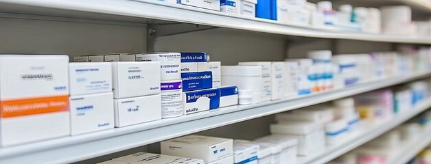 Exploring the organized shelves of a pharmacy stocked with various medicine boxes in a serene atmosphere for health and wellness