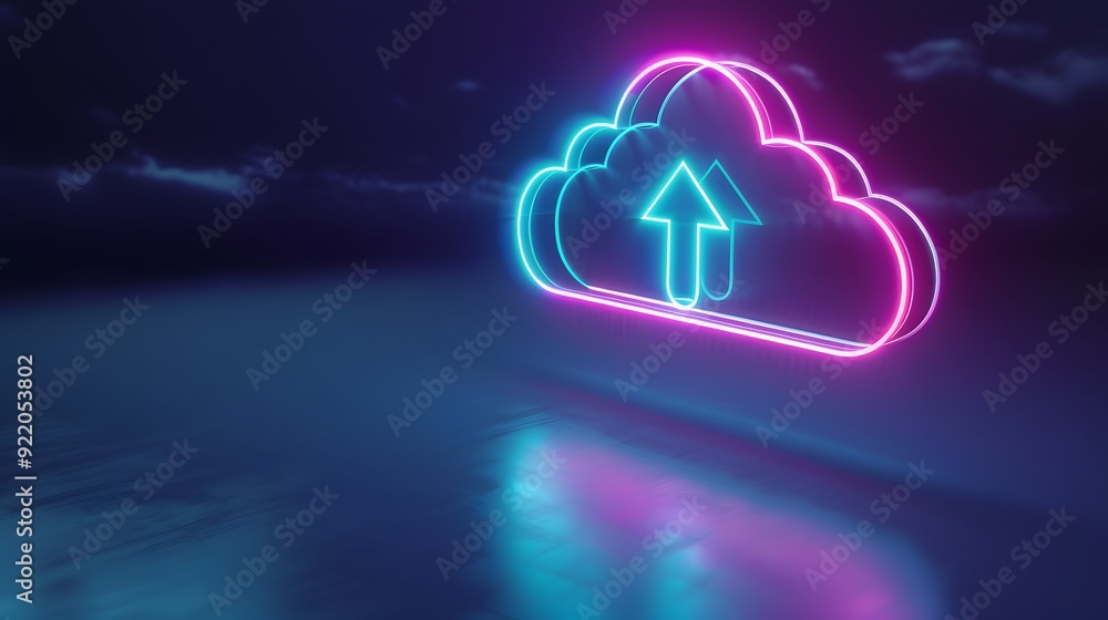 Poster futuristic neon cloud upload icon in a dark, reflective environment symbolizing digital storage and 