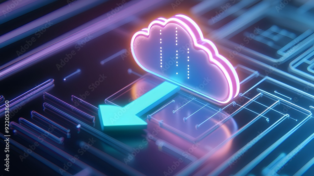 Poster futuristic neon glowing cloud computing concept with data transfer and digital connections. technolo